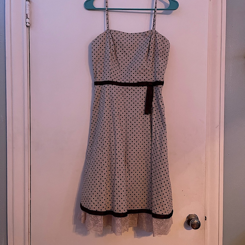 BCX spaghetti strap midi dress, size 7 and light lavender with brown polkadots